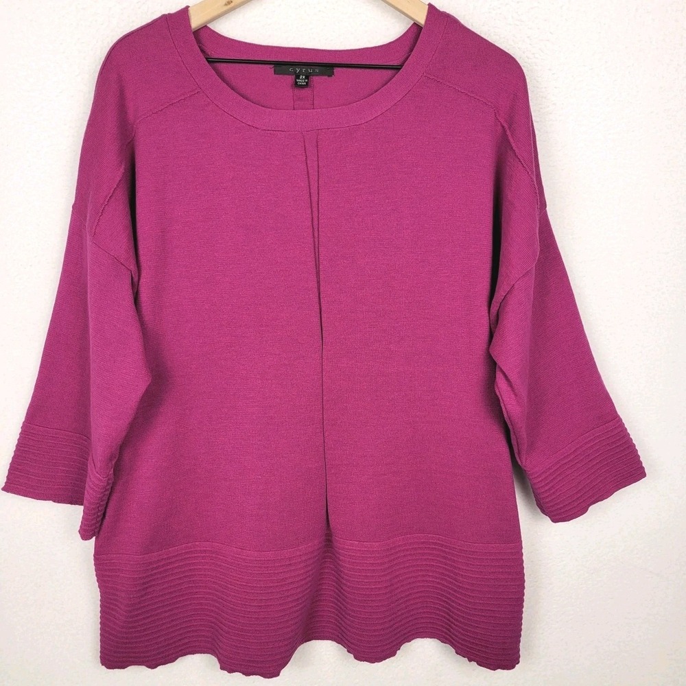 Cyrus Womens Knit Top 2X Pink 3/4 Sleeves Textured Hem Casual Minimalist